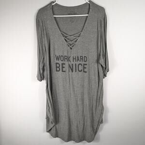 Torrid Super Soft Top 3 Gray V Neck Lace Up Graphic Tee Work Hard Be Nice Women